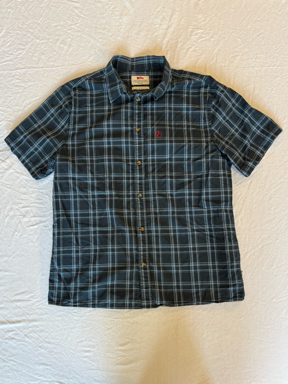 Fjallraven Ovik Lite Shirt Mens Medium Blue Plaid Button Up Short Sleeve